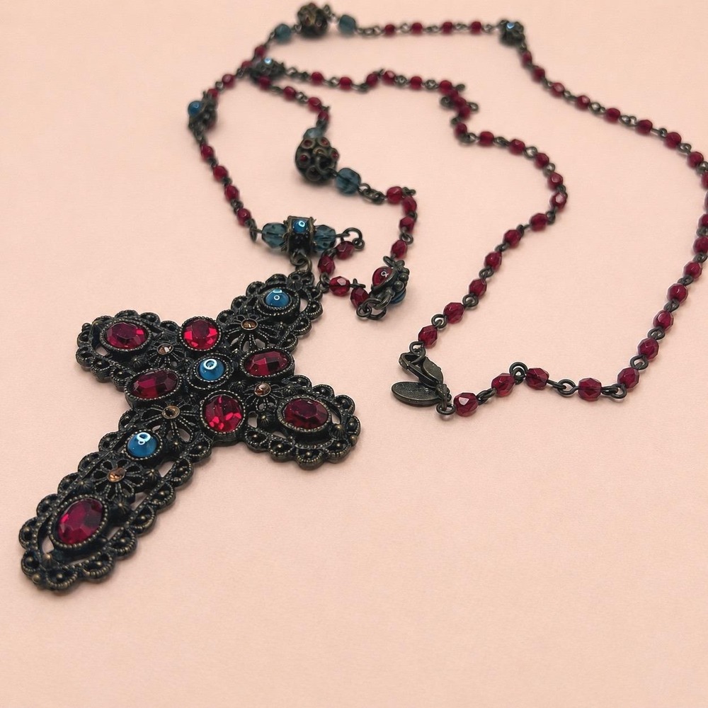 Sweet‎ Romance Red Blue Crystal Filigree Cross Pendant Necklace OS